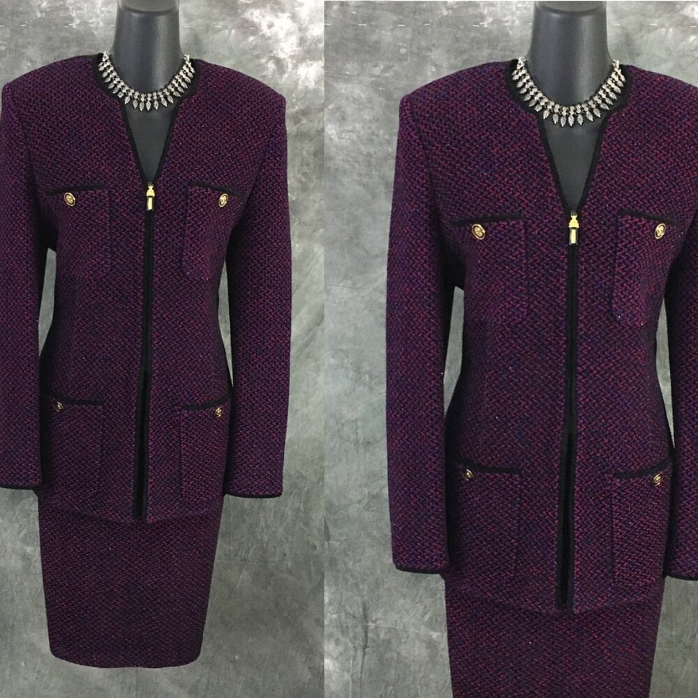 BEAUTIFUL St John collection knit pink purple black jacket skirt suit size 8